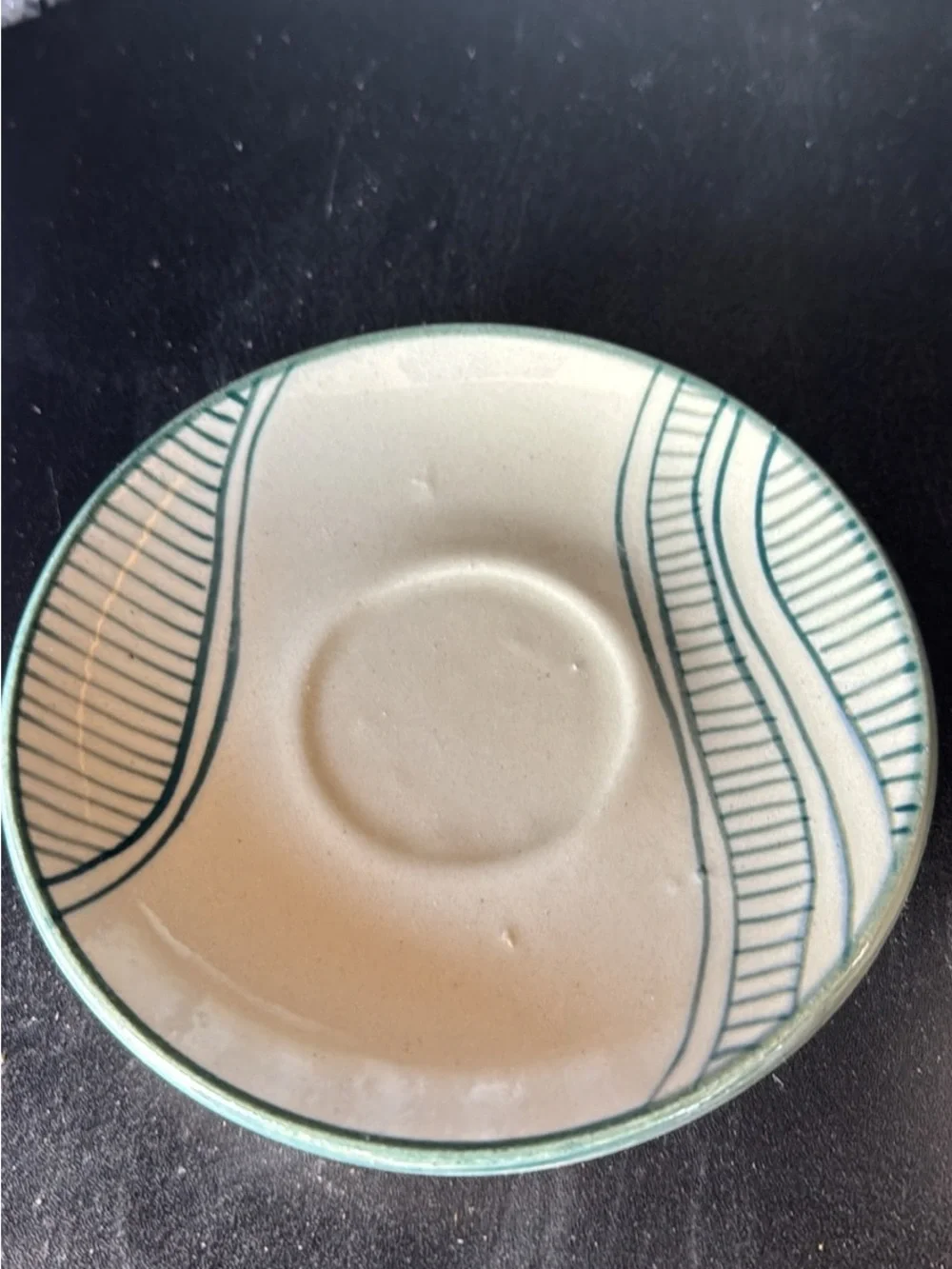 Ceramic Teacup and Saucer Set in Cream with Green Trim